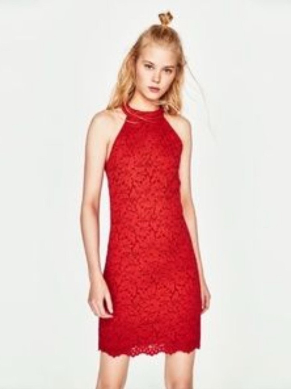 Zara Trafaluc Red Floral Lace Halter Mini Dress Small